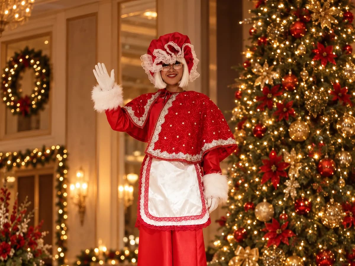 Mamá Claus en zancos con su capa roja bordada y delantal blanco