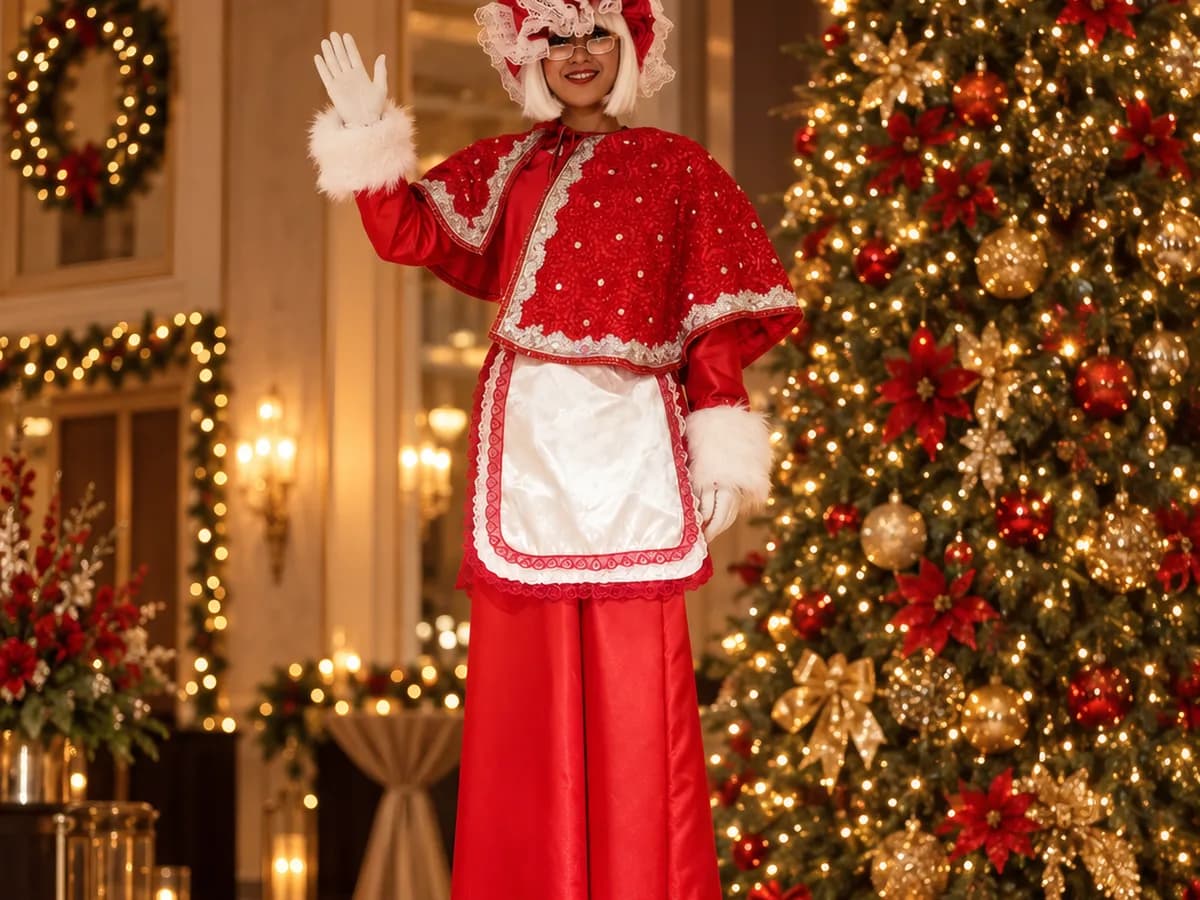 Mamá Claus en zancos saludando frente a un árbol de Navidad