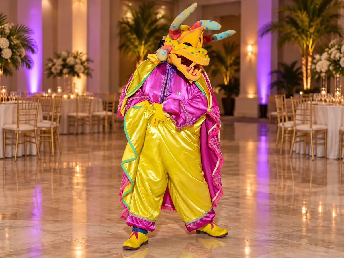 Vejigante con máscara amarilla de cuernos y traje rosa y amarillo en un salón de recepción decorado