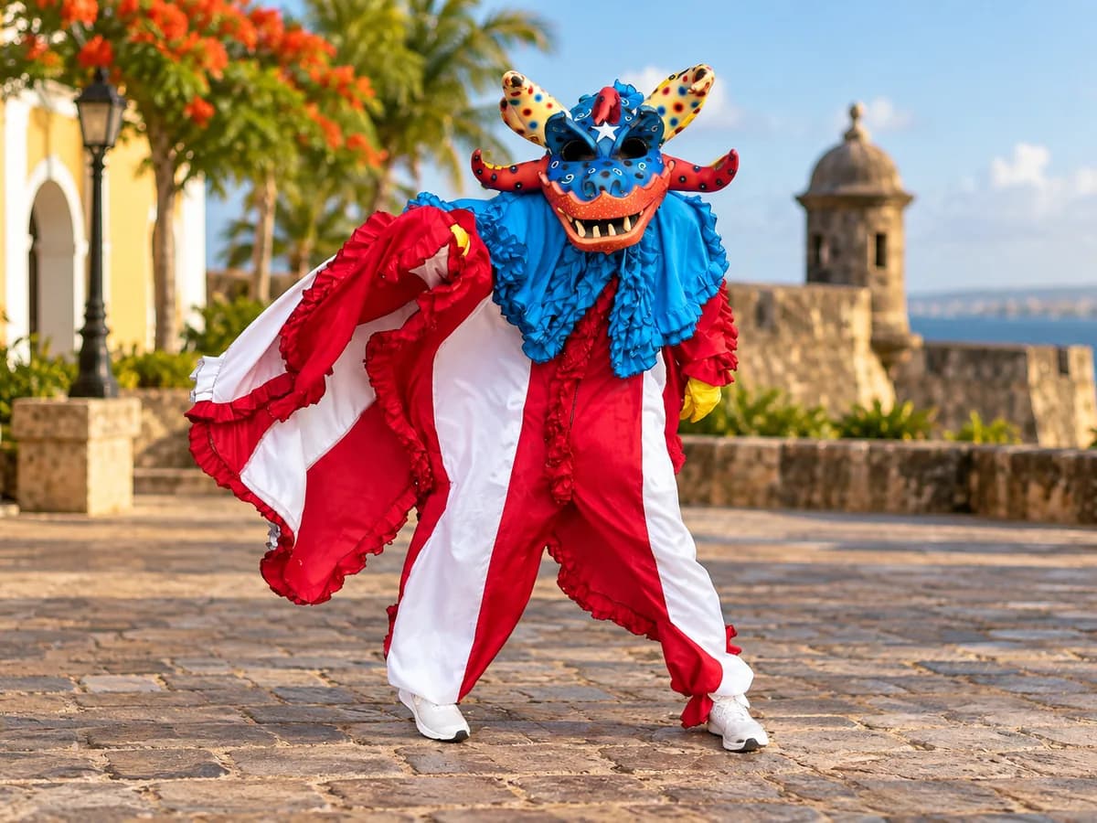 Vejigante con traje de la bandera de Puerto Rico y máscara de cuernos bailando en una plaza adoquinada junto a una garita
