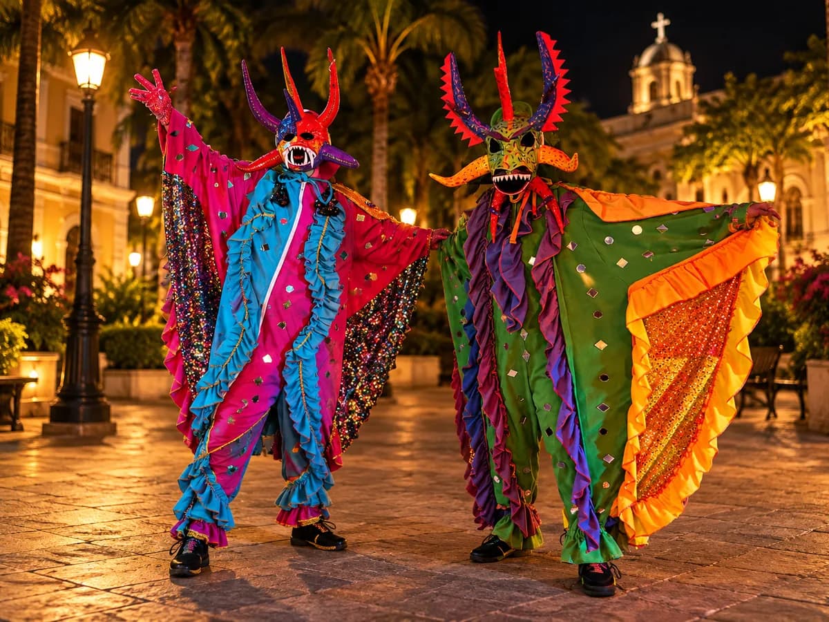 Dos vejigantes de cuernos multicolores con capas abiertas en una plaza iluminada de noche
